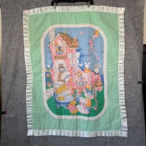 Vintage Baby Nursery Rhymes Crib Blanket Quilt‎ 40x34" Satin Trim Humpty Animals